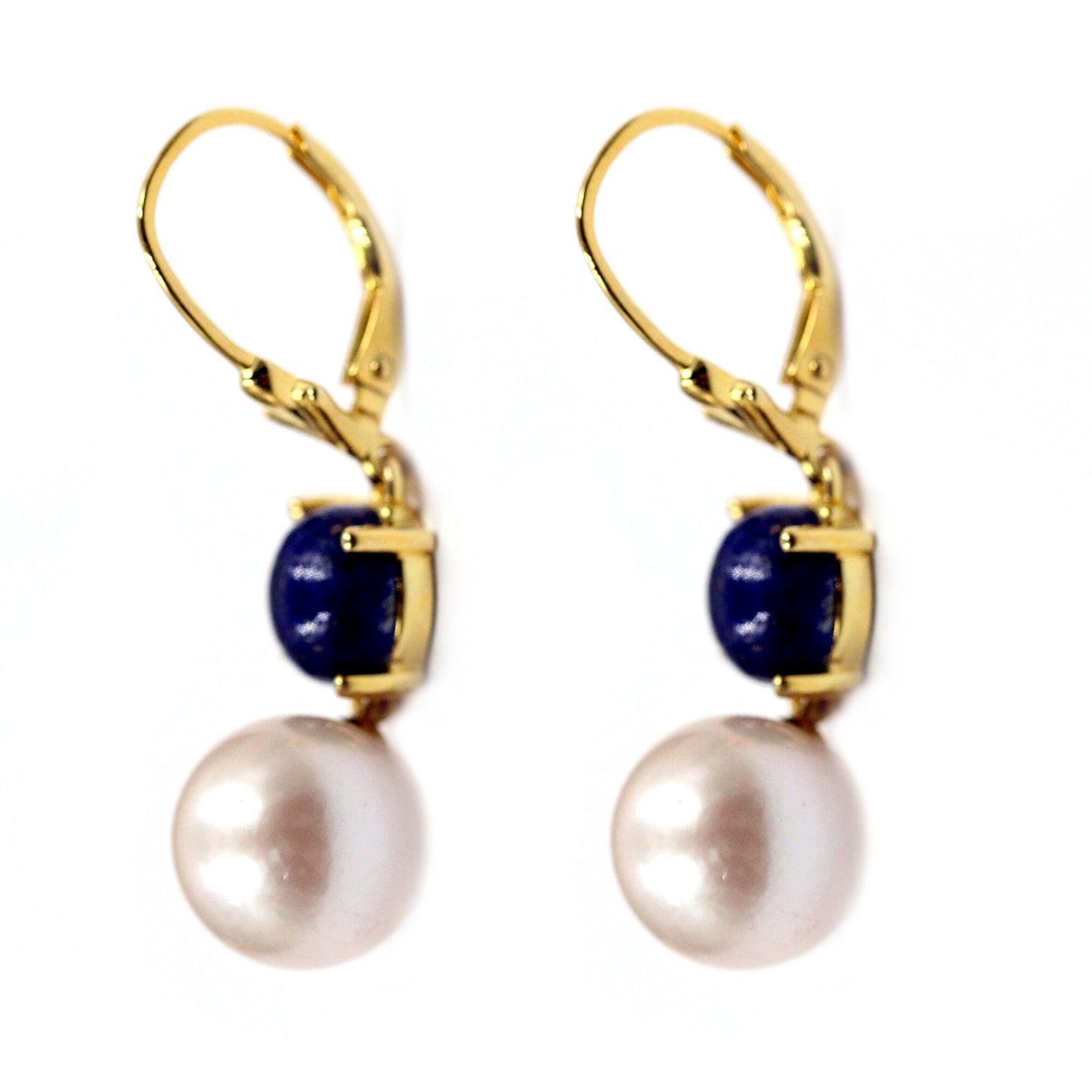 Natural Pearl With Lapis Lazuli Gemstone Earrings, 925 Sterling Silver Over Gold Plated Drop Earrings, Gift For Her