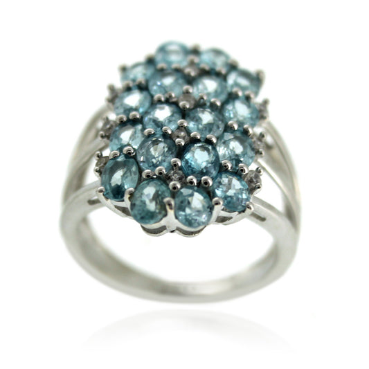 925 Sterling Silver Women Ring, Blue Zircon Ring, White Natural Zircon Ring, Women Cluster Ring,