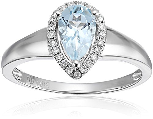 10k White Gold Aquamarine and Diamond Princess Diana Pear Halo Engagement Ring (1/10cttw, H-I Color, I1-I2 Clarity), Size 7