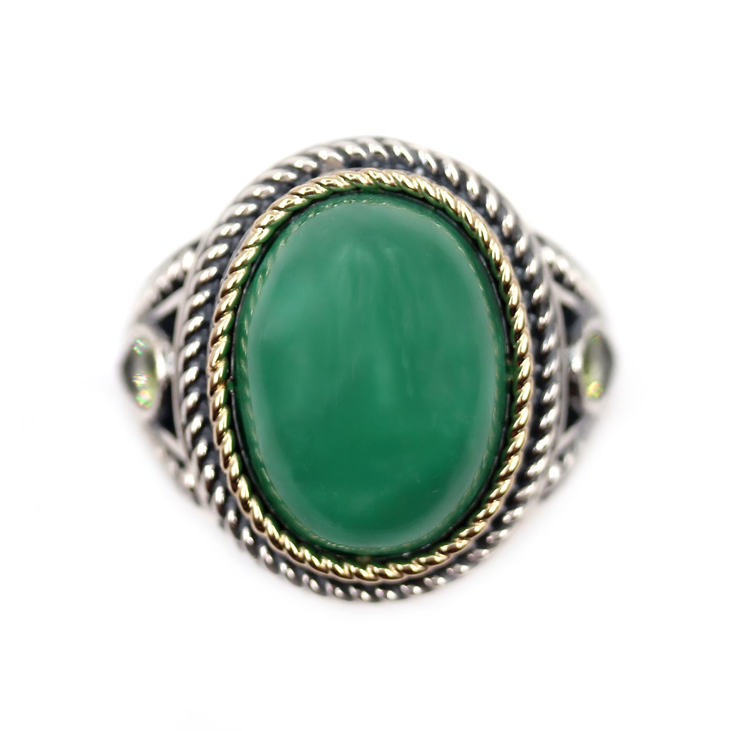 14KT Gold And Silver Mix Green Jade Gemstone Solitaire Rings