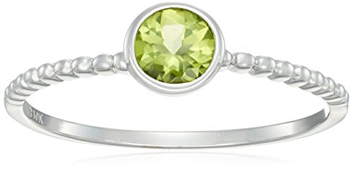 10k White Gold Peridot Solitaire Beaded Shank Stackable Ring, Size 7