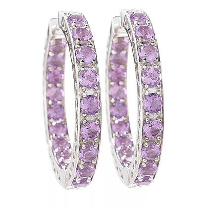 925 Sterling Silver Pink Amethyst Gemstone Hoop Earrings