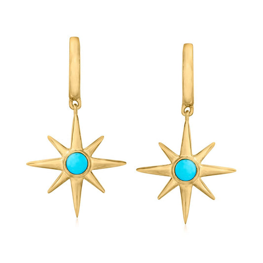 Sleeping Beauty Turquoise Gemstone Earrings, 925 Sterling Silver Over Gold Plated Star Shape Earrings, Anniversary Gift, Gift For Her