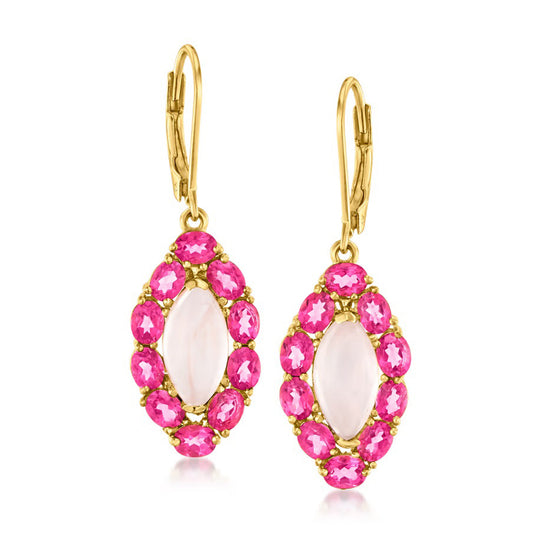 18k Yellow Gold Over Sterling Silver Rose Quartz, Pink Topaz Gemstone Drop And Dangle Earrings