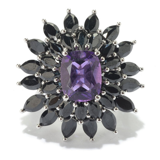 925 Sterling Silver African Amethyst and Black Spinel Ring, US8