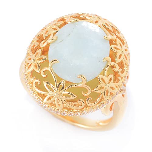 Pinctore 18K Yello Vermeil Oval Milky Aquamarine & White Zircon Flower Ring, Size 7