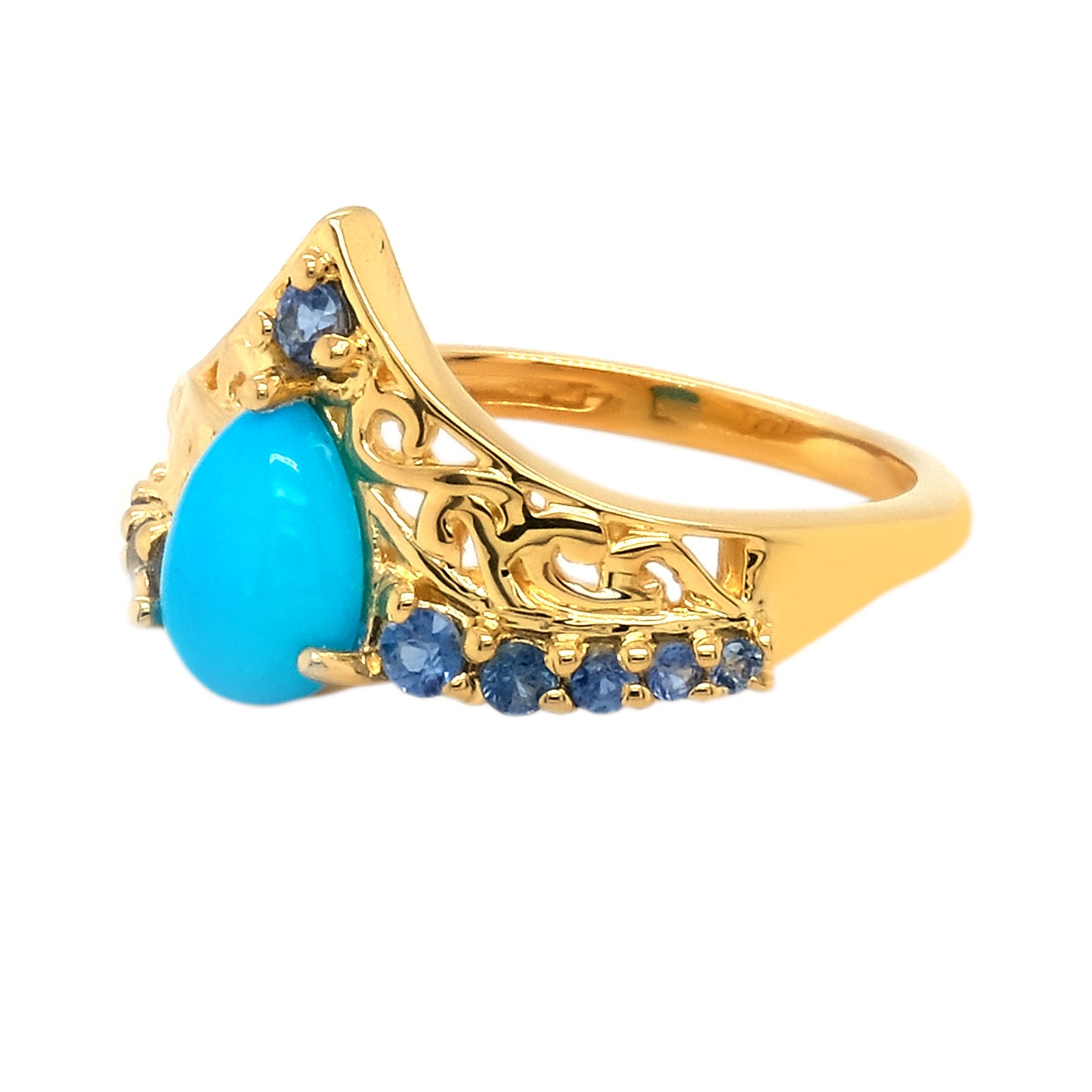 Yellow Gold Plated Over Sterling Silver Sleeping Beauty Turquoise And Ceylon Blue Sapphire Gemstone Band Ring