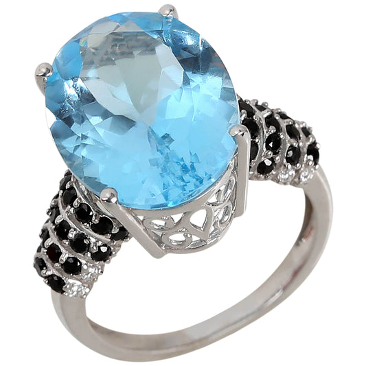 925 Sterling Silver Sky Blue Topaz, Black Spinel, White Natural Zircon Ring
