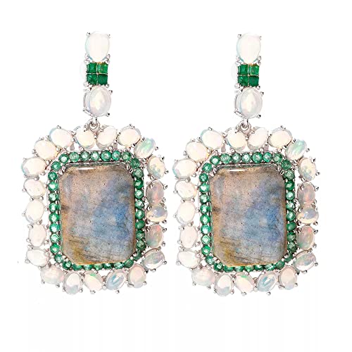 925 Sterling Silver Labradorite, Ethiopian Opal,Brazilian Emerald Earring