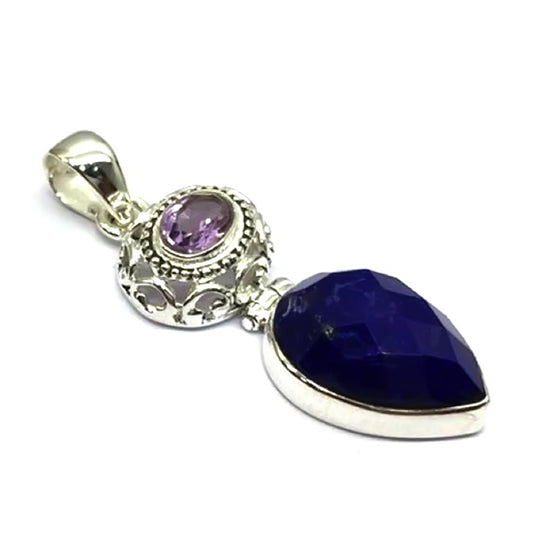 925 Sterling Silver African Amethyst And Lapis Lazulli Pendant - Pinctore