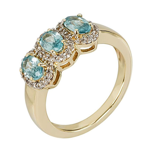 925 Sterling Silver Blue Zircon And White Natural Zircon 3-Stone Ring - Pinctore