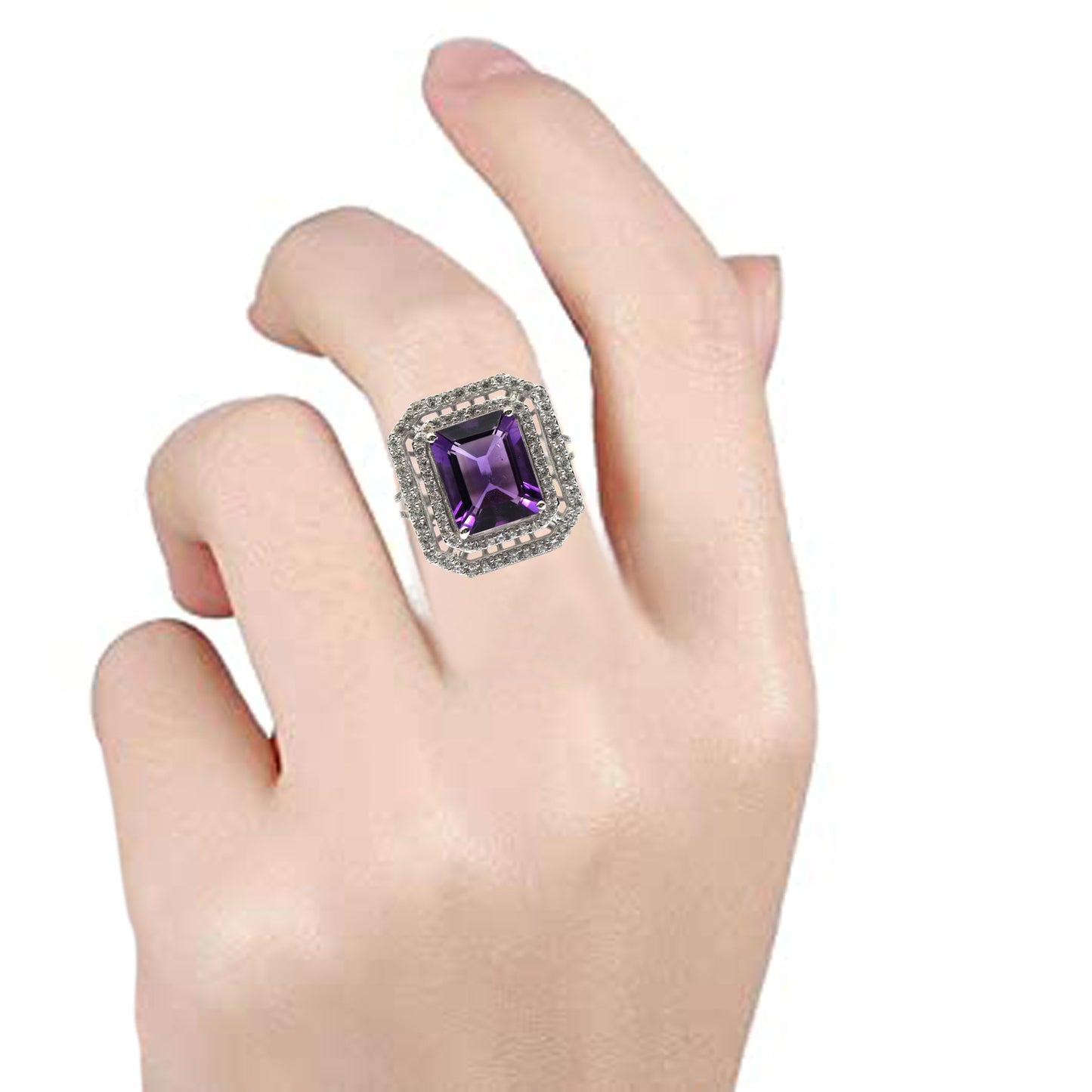 925 Sterling Silver African Amethyst, White Natural Zircon Ring - Pinctore