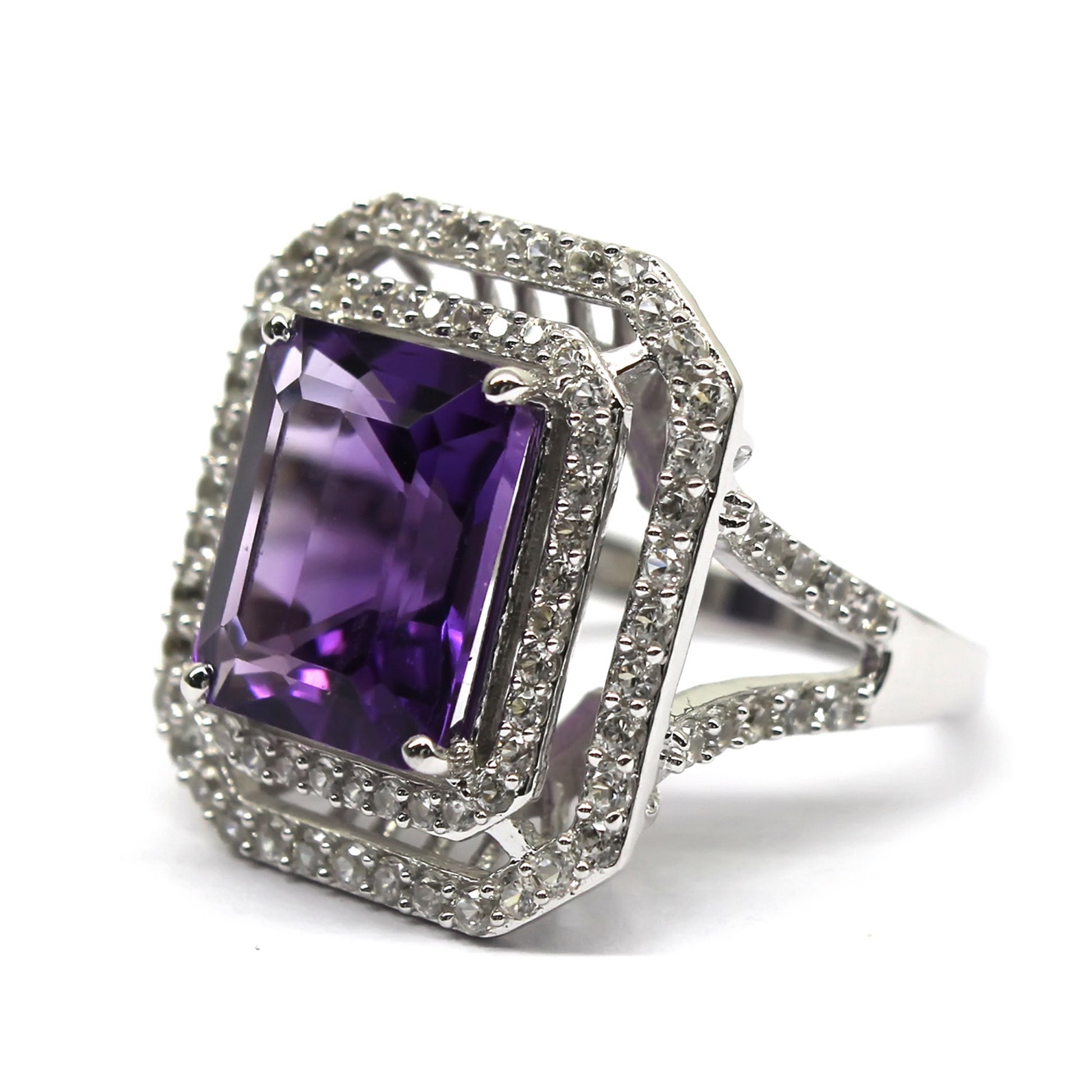 925 Sterling Silver African Amethyst, White Natural Zircon Ring - Pinctore