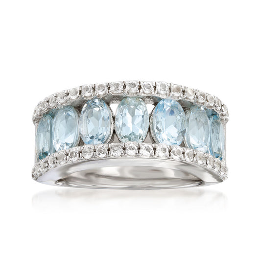 925 Sterling Silver Aquamarine, White Sapphire Band Ring