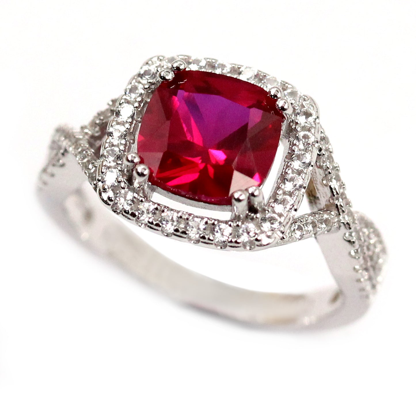 925 Sterling Silver Created Ruby, Created White Sapphire Ring - Pinctore