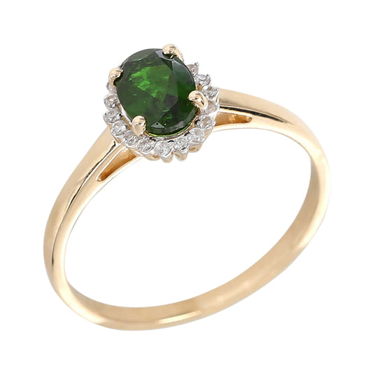 14kt Yellow Gold Chrome Diopside, White Natural Zircon Ring - Pinctore