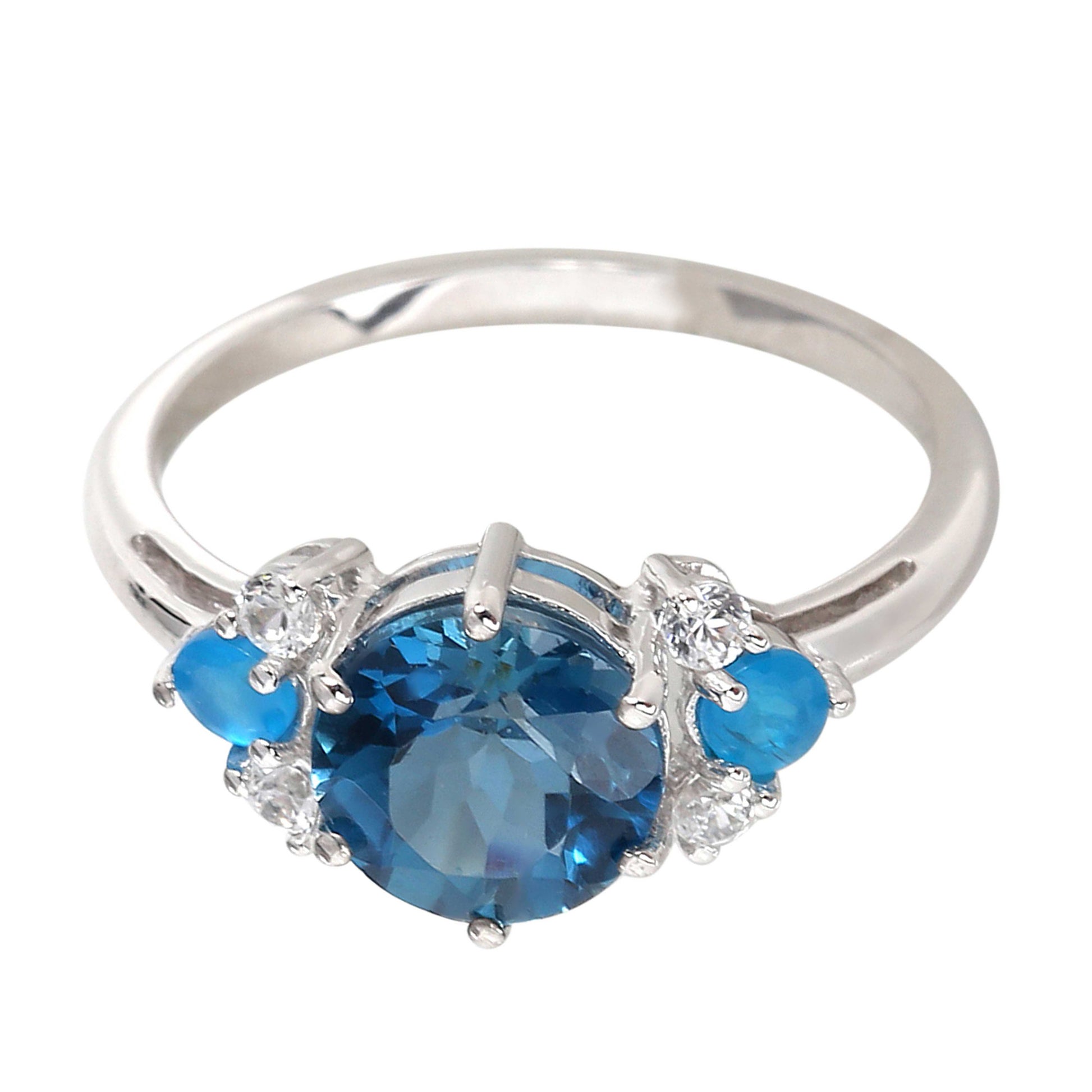 14Kt White Gold London Blue Topaz, Neon Apatite, White Natural Zircon Ring - Pinctore