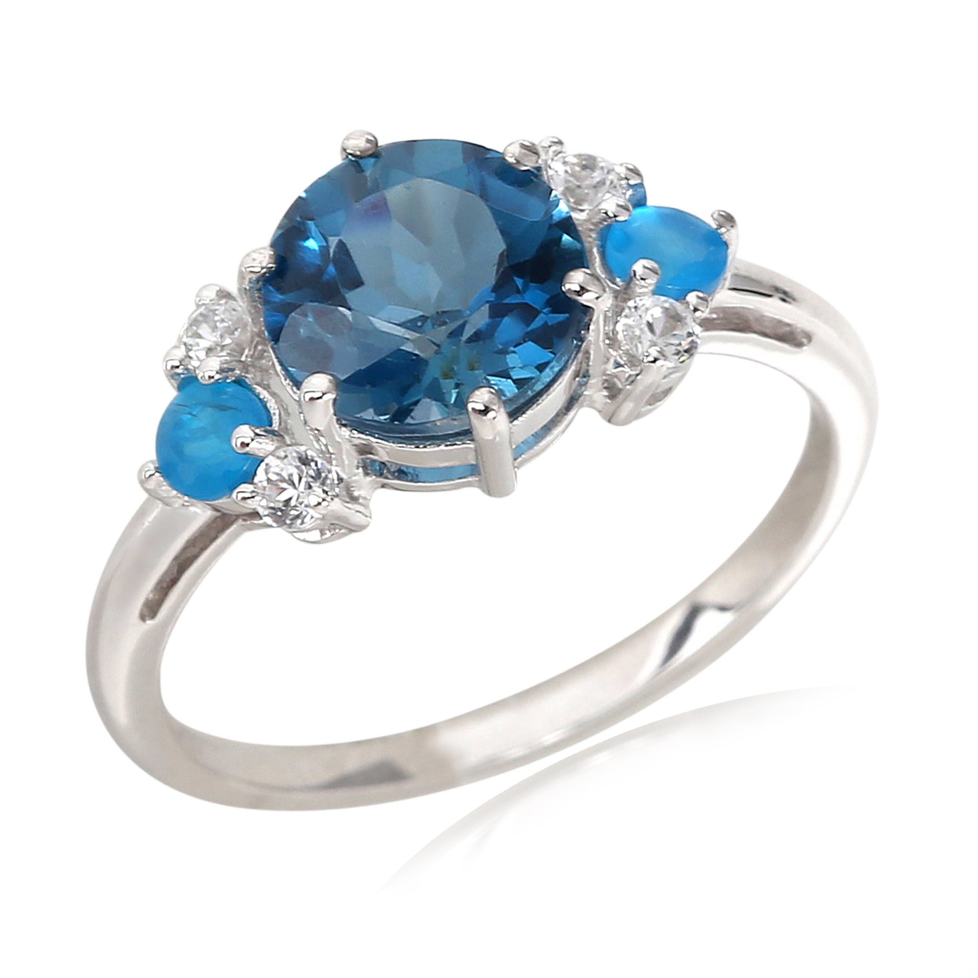 14Kt White Gold London Blue Topaz, Neon Apatite, White Natural Zircon Ring - Pinctore