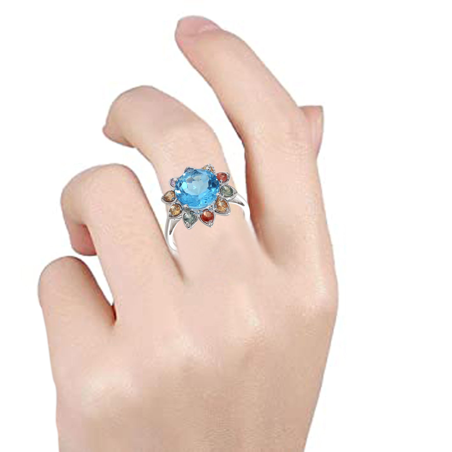 14kt White Gold Swiss Blue Topaz, Multi Sapphire Ring - Pinctore