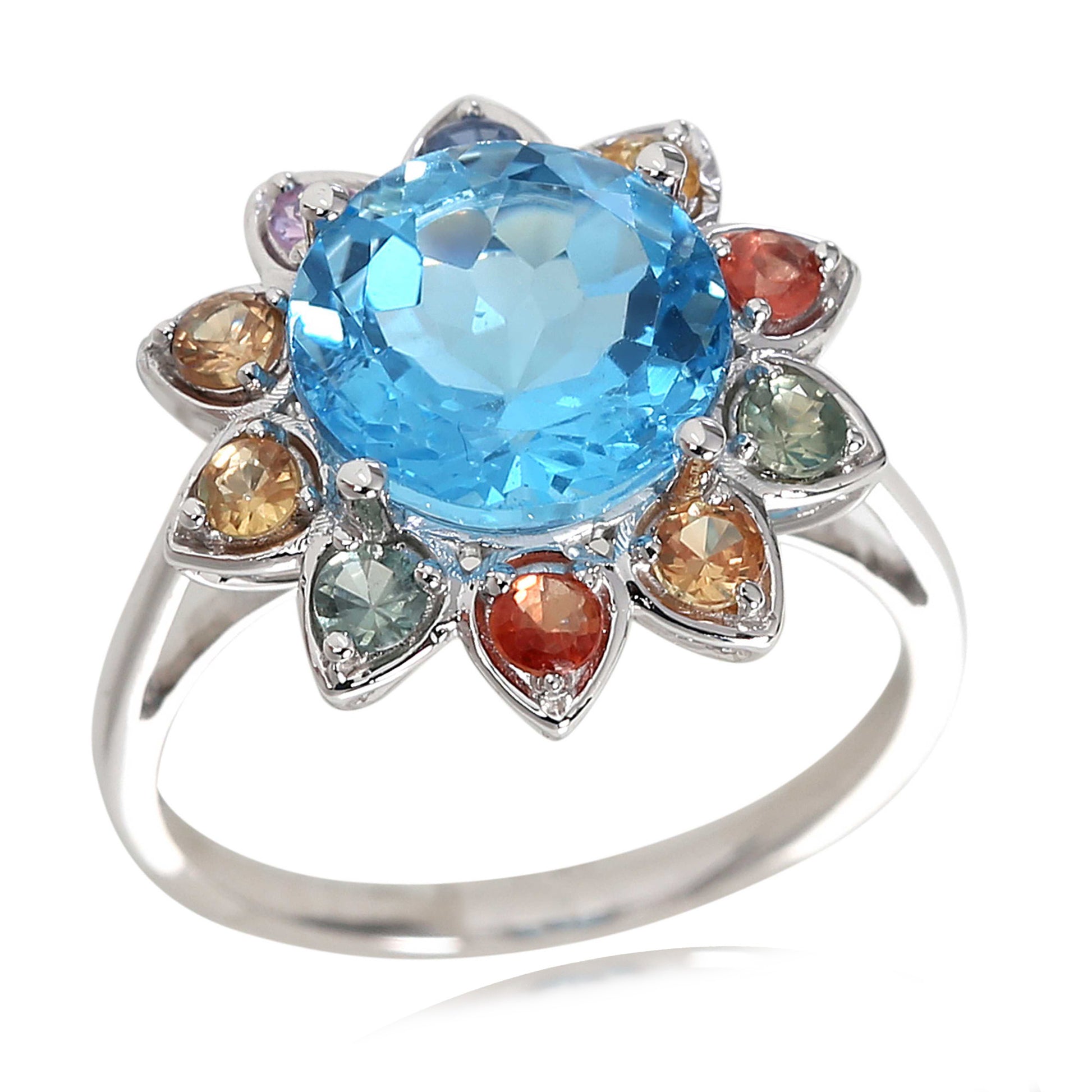 14kt White Gold Swiss Blue Topaz, Multi Sapphire Ring - Pinctore