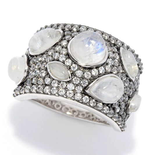 925 Sterling Silver Rainbow Moonstone, White Natural Zircon Ring - Pinctore
