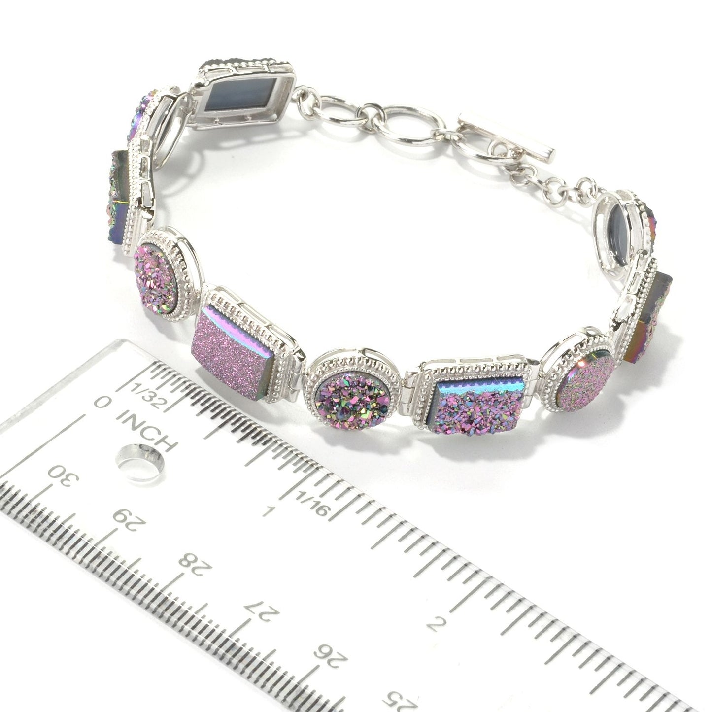 Pinctore Sterling Silver 8" Rectangular & Round Pink Drusy Link Bracelet