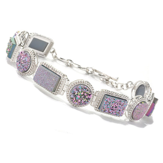 Pinctore Sterling Silver 8" Rectangular & Round Pink Drusy Link Bracelet - pinctore