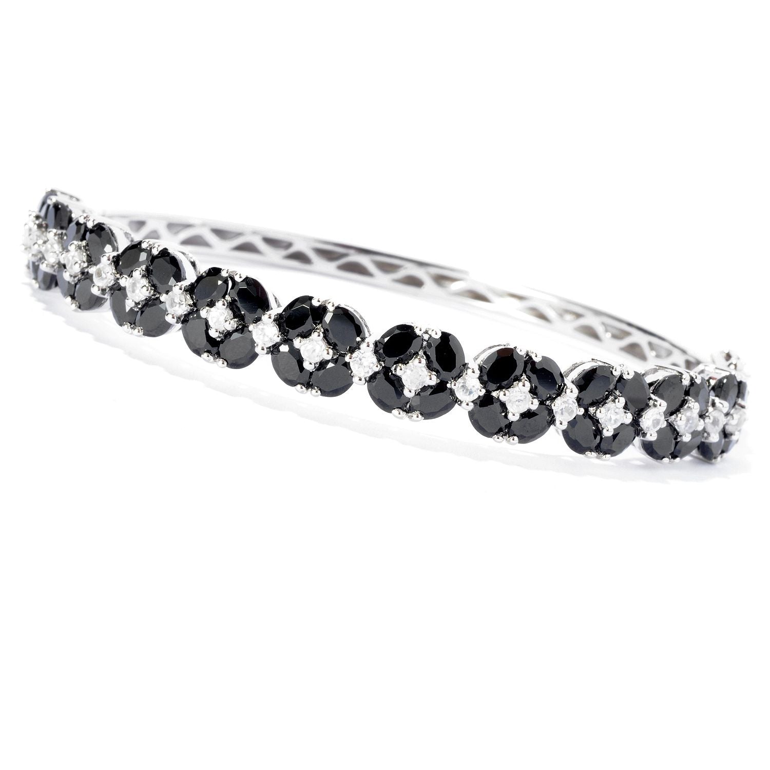 Pinctore Sterling Silver Black Spinel and Cubic Zirconia Hinged Bracelet, 6.5"