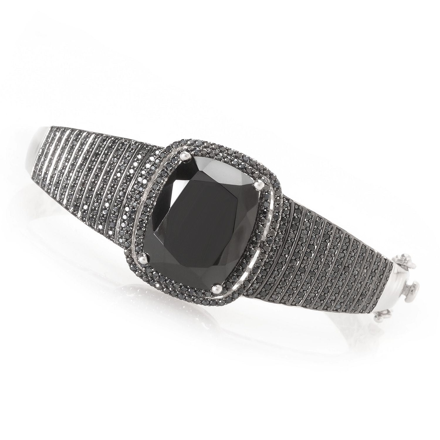 Pinctore Sterling Silver 149ctw Black Spinel Cuff Bracelet - pinctore