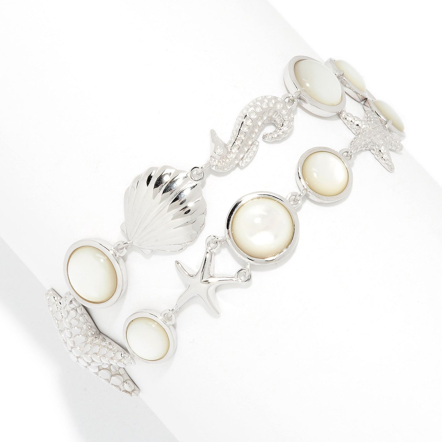 Pinctore Sterling Silver White Mother-of-Pearl Sea Life 2-Row Bracelet - pinctore