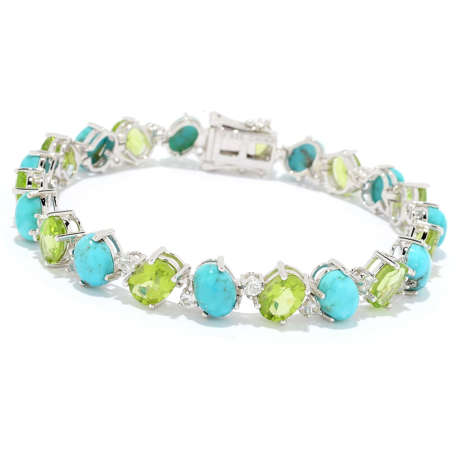 Pinctore Sterling Silver Campitos Mexican Turquoise & Peridot Line Bracelet - pinctore