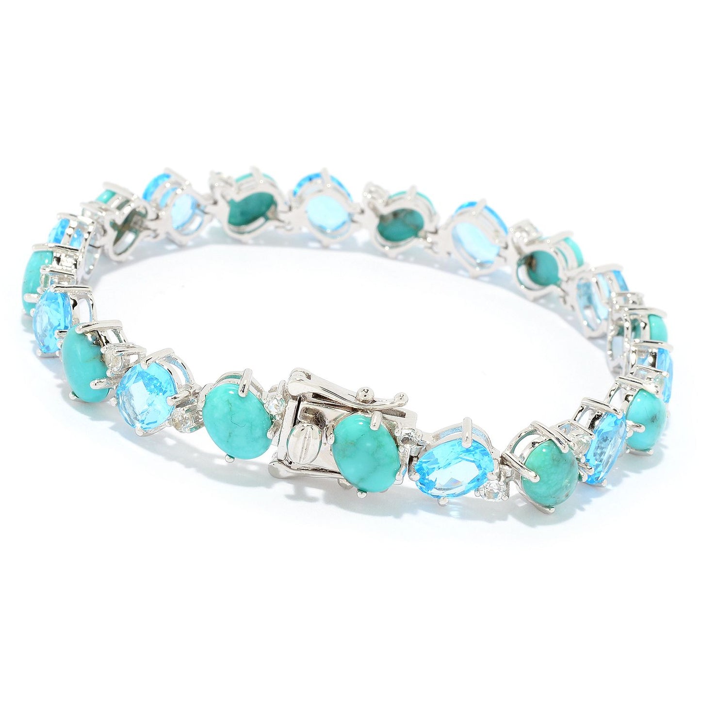 Pinctore Sterling Silver Campitos Mexican Turquoise & Swiss Blue Topaz Line Bracelet