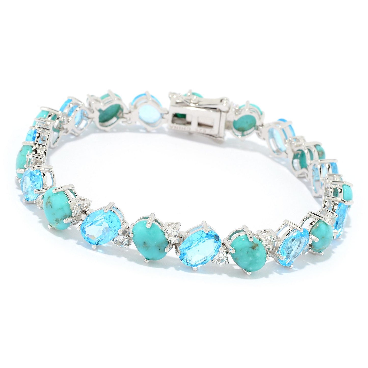 Pinctore Sterling Silver Campitos Mexican Turquoise & Swiss Blue Topaz Line Bracelet - pinctore