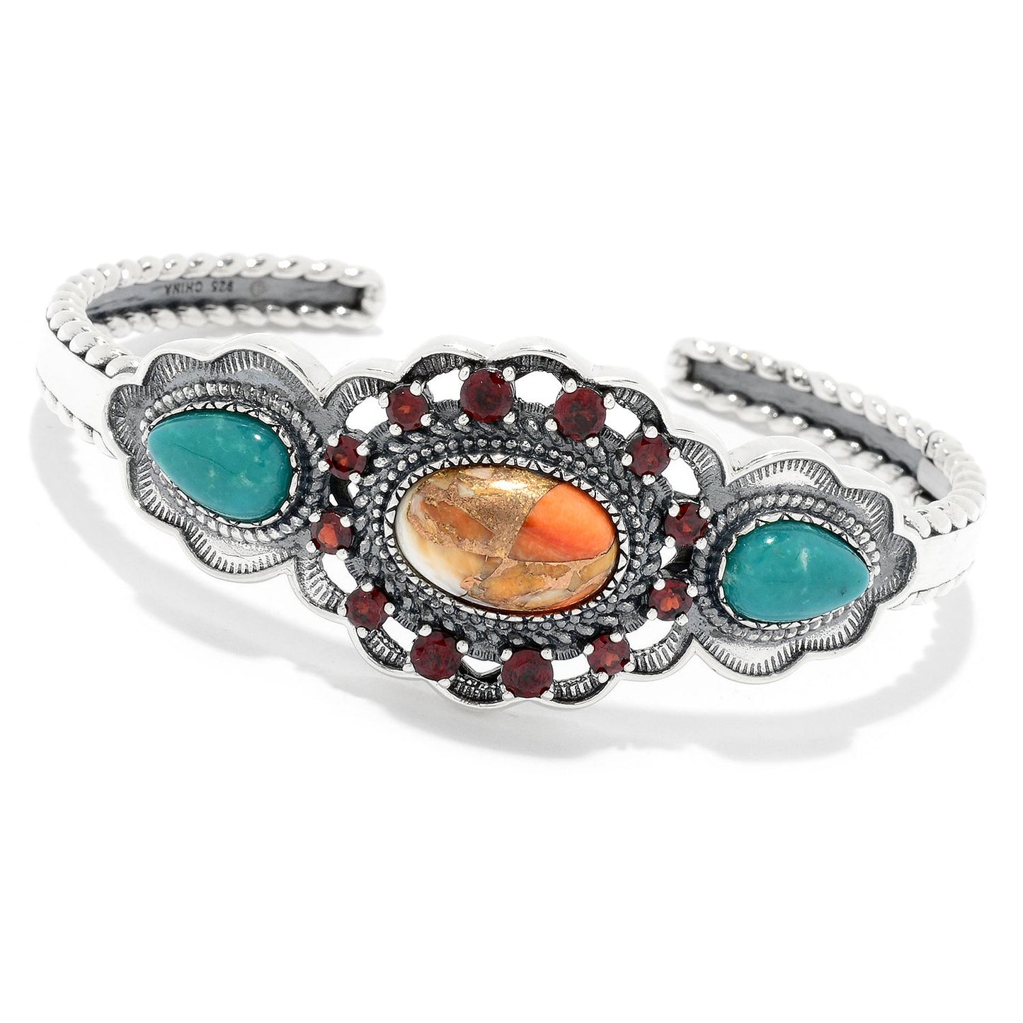 925 Sterling Silver CampoFrio Turquoise,Red Garnet,Orange Spiny Bangle