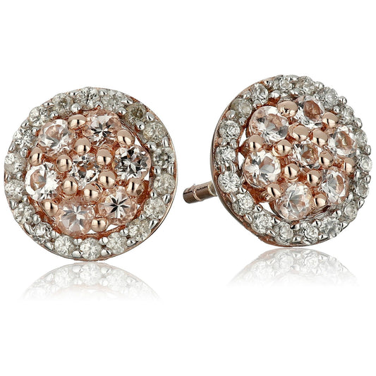 Pinctore Rose Gold-Plated Silver Morganite and Natural White Zircon Pave Stud Earrings - pinctore