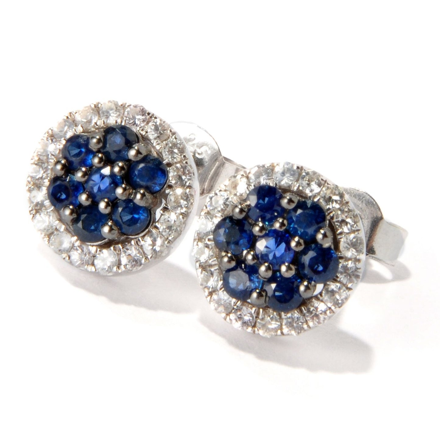 Pinctore Sterling Silver 1.07ctw Blue Sapphire & Created White Sapphire Studs Earrings