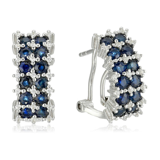 Sterling Silver Blue Sapphire 2-Row Half Omega Hoop Earring - Pinctore