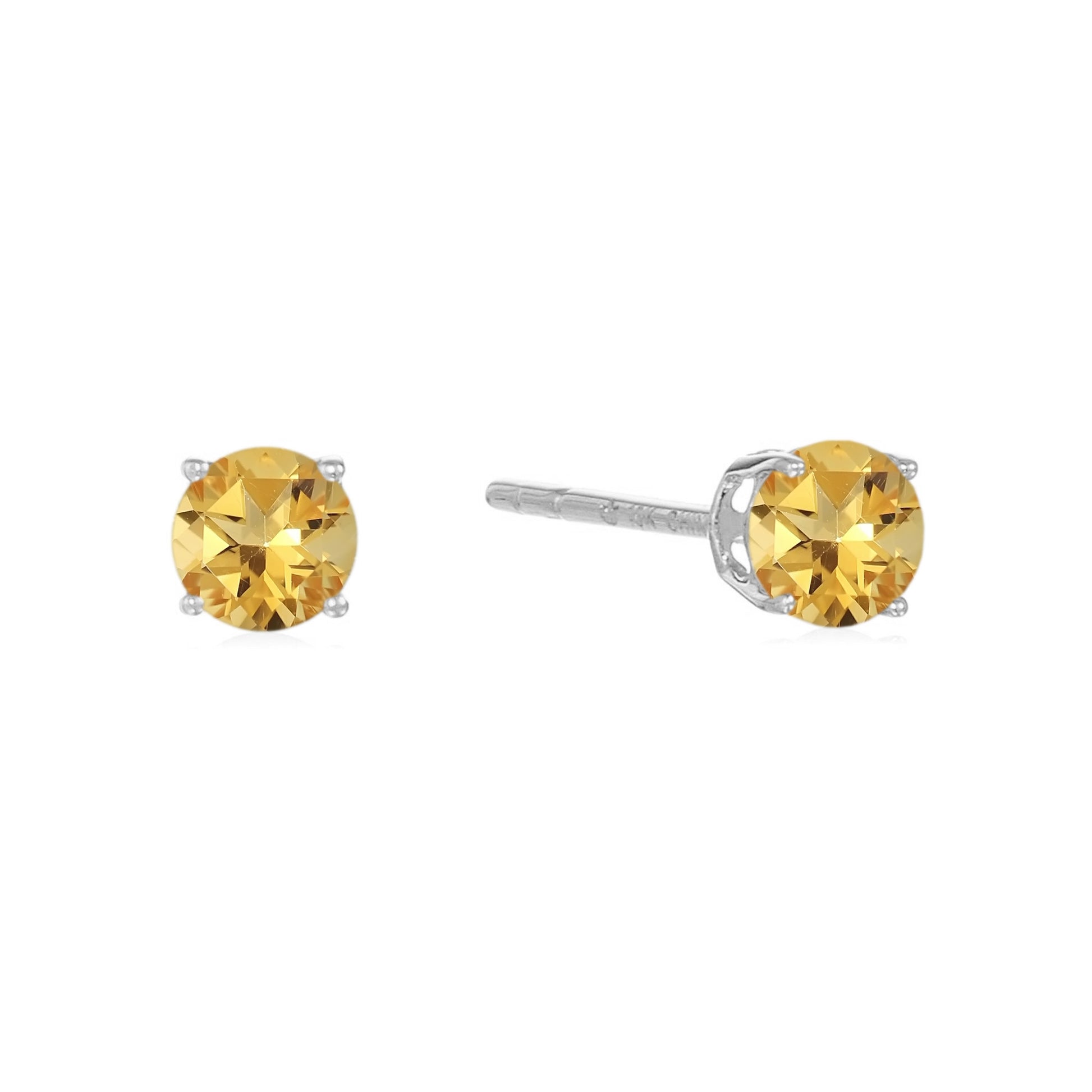 Sterling Silver Round Gemstone Birthstone Stud Earrings-Citrine
