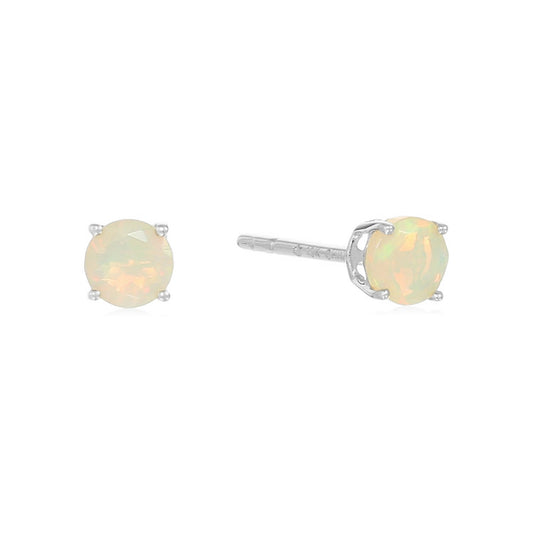 Sterling Silver Round Gemstone Birthstone Stud Earrings-Opal