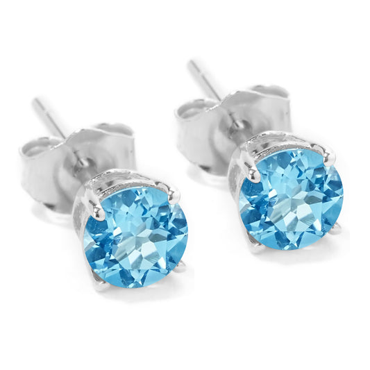 Sterling Silver Round Gemstone Birthstone Stud Earrings-Swiss Blue Topaz