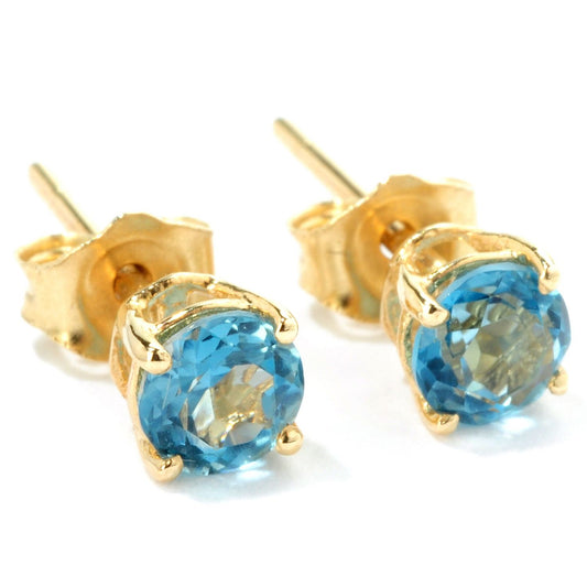 10k Yellow Gold Genuine London Blue Topaz 4mm Round Stud Earring - Pinctore