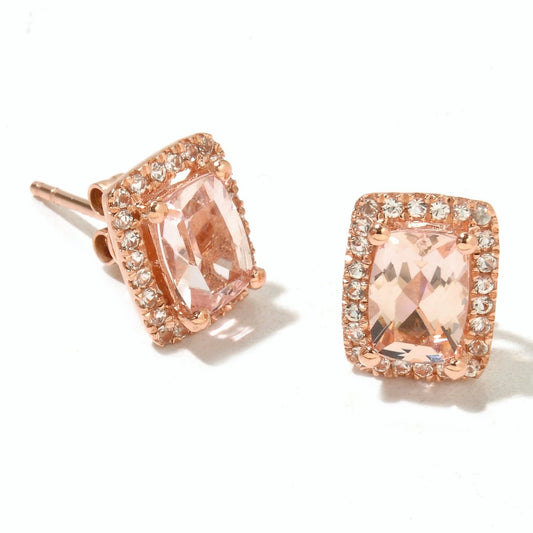 14k Rose Gold Morganite and Diamond Cut White Topaz Cushion-cut Stud Earring - Pinctore
