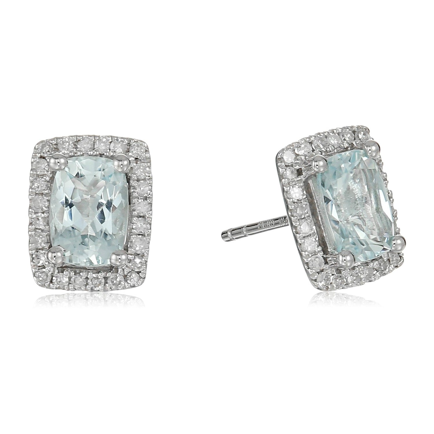 10k White Gold Aquamarine and Diamond Princess Diana Cushion Halo Stud Earrings (1/5cttw, H-I Color, I1-I2 Clarity) - pinctore