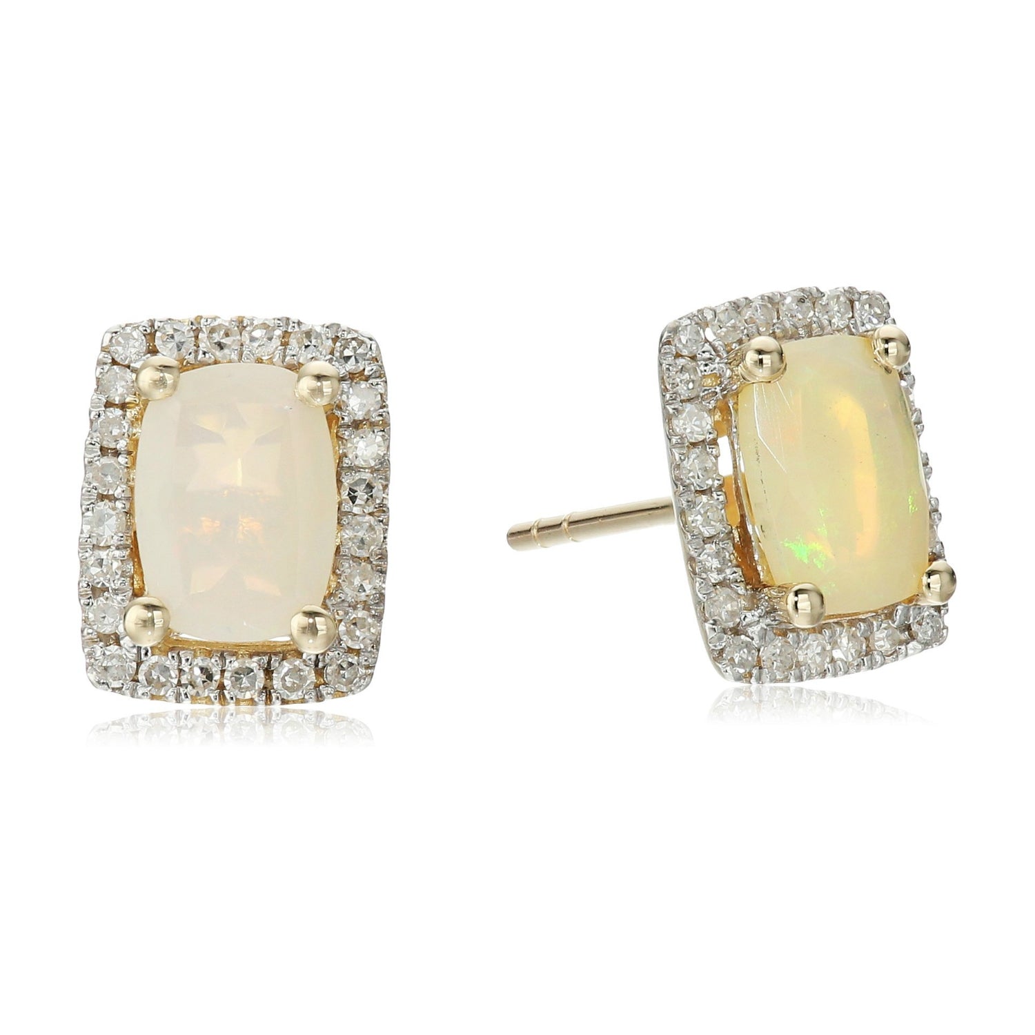 Pinctore 10k Yellow Gold Ethiopian Opal and Diamond Princess Diana Cushion  Halo Stud Earrings (1/5cttw, H-I Color, I1-I2 Clarity)