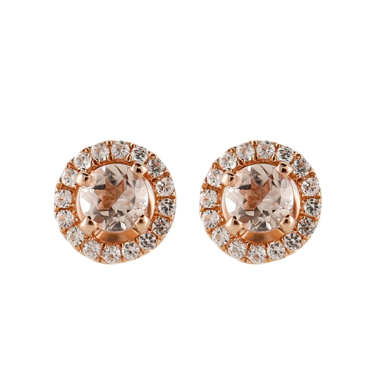 10k Rose Gold Morganite and Created White Sapphire Round Halo Stud Earrings - pinctore