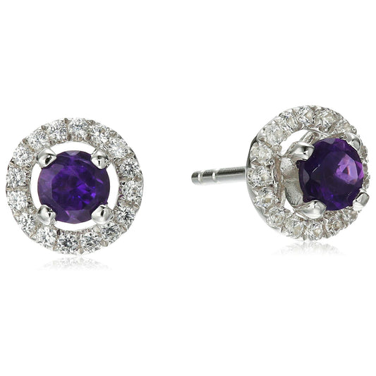 Sterling Silver African Amethyst and Created White Sapphire Halo Stud Earrings - pinctore