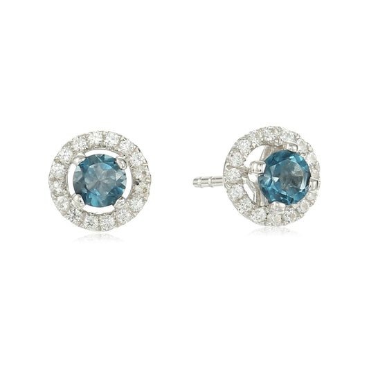Sterling Silver London Blue Topaz and Created White Sapphire Halo Stud Earrings - pinctore