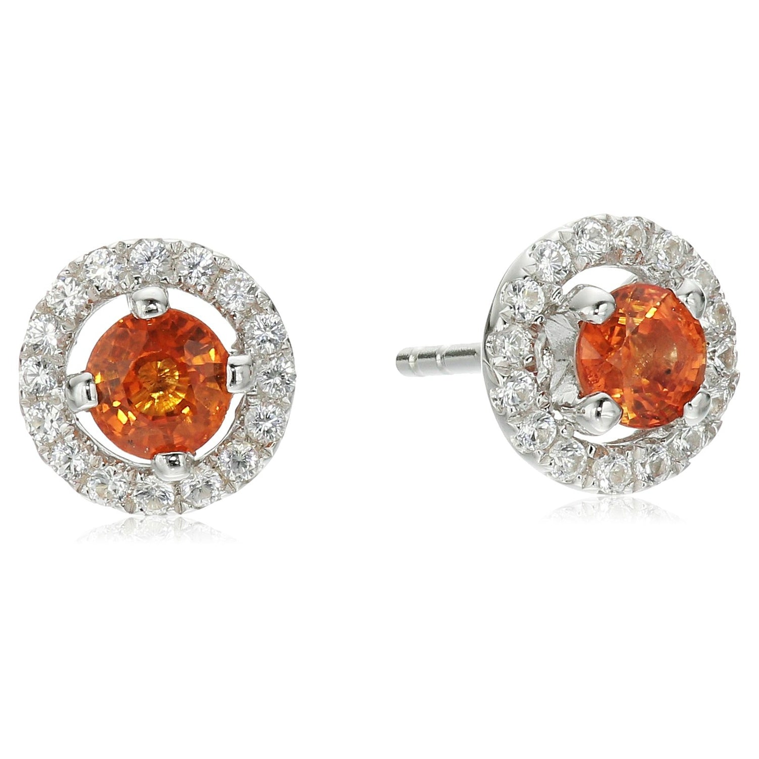 Sterling Silver Orange Sapphire and Created White Sapphire Halo Stud Earrings - pinctore