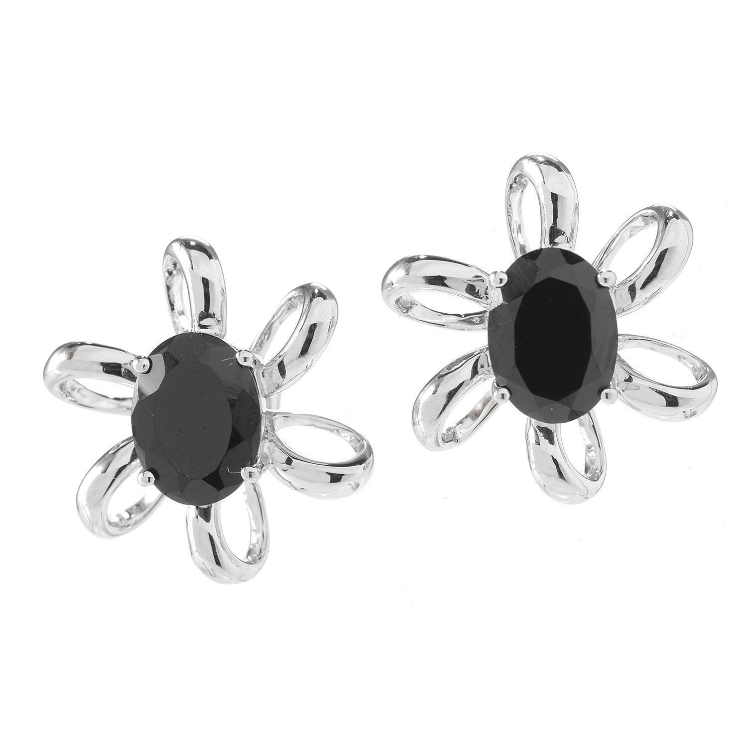 Pinctore Rhodium o/Sterling Silver 3ctw Oval Black Spinel Flower Stud Earrings 0.6'L - pinctore
