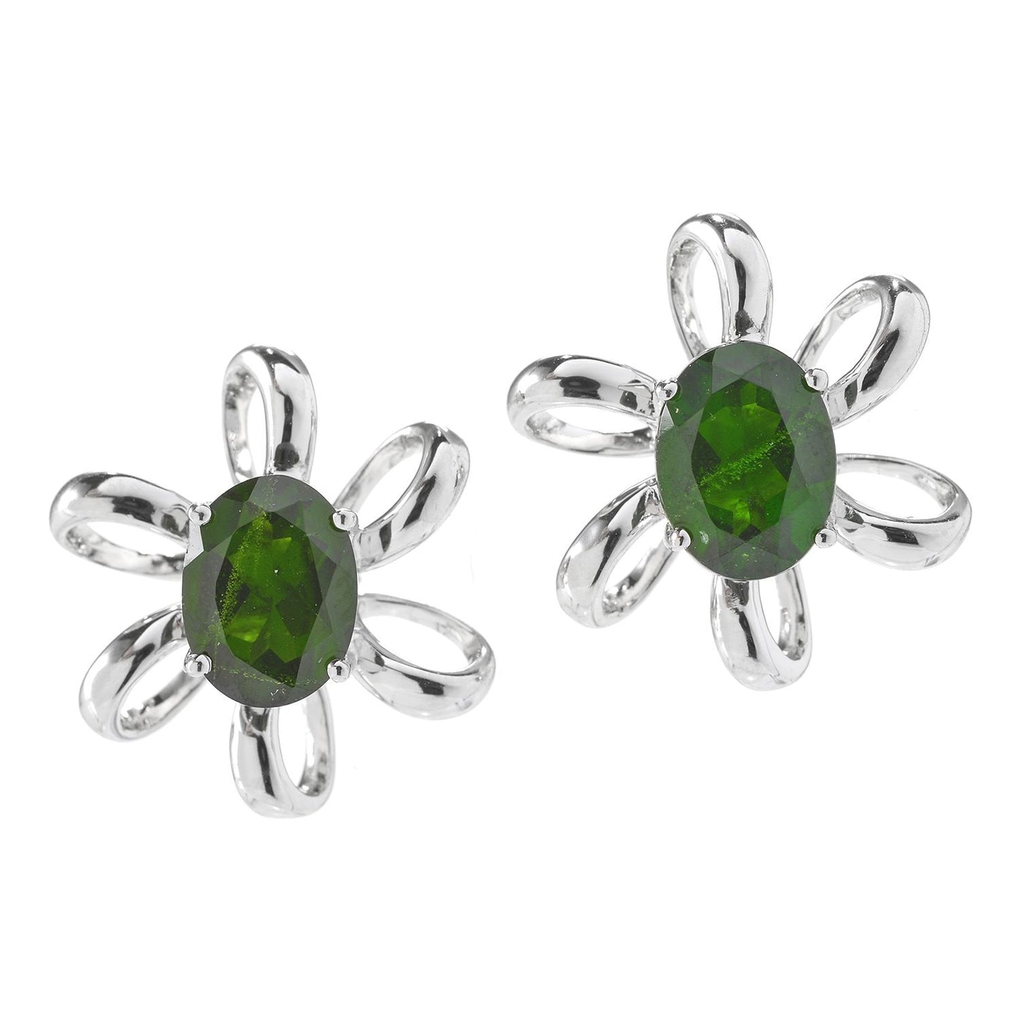Pinctore Rhodium o/Sterling Silver 2.73ctw Chrome Diopside Oval Flower Stud Earrings - pinctore